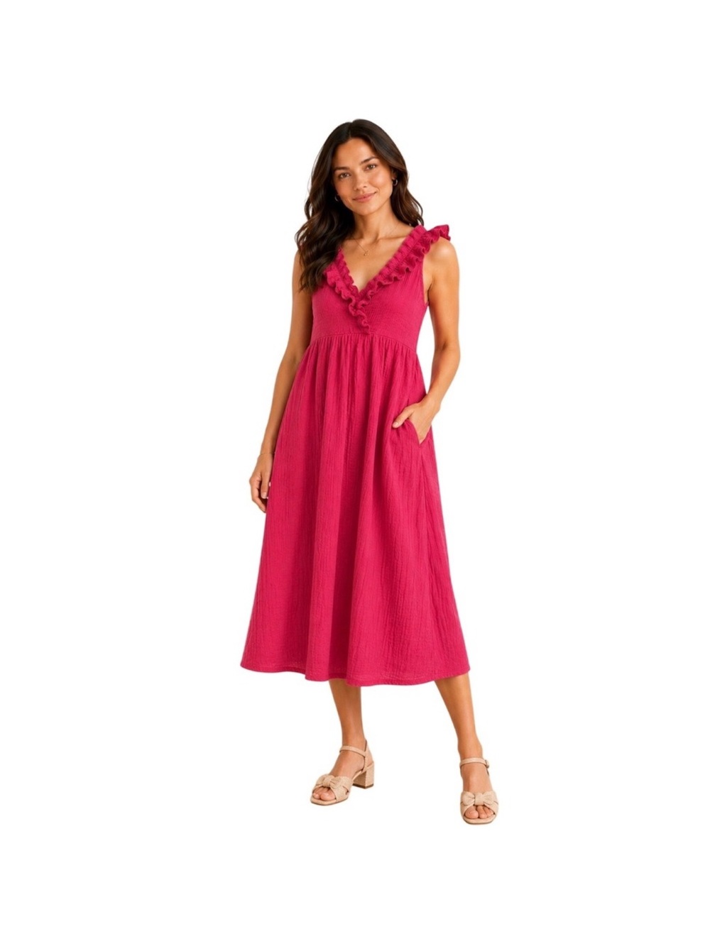 Quince Ruffle V-Neck Midi Dress in Fuchsia Pink